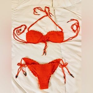 Crochet Brazilian Bikini Set, XS + S, Flame Red, Two Tops + One Bottom! 🔥👙